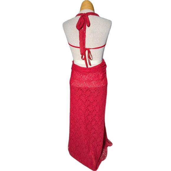 Peppermayo Elysia Cherry Red Lace Draped Cowl Neck Open Back Maxi Dress Sz 6 - Picture 3 of 7